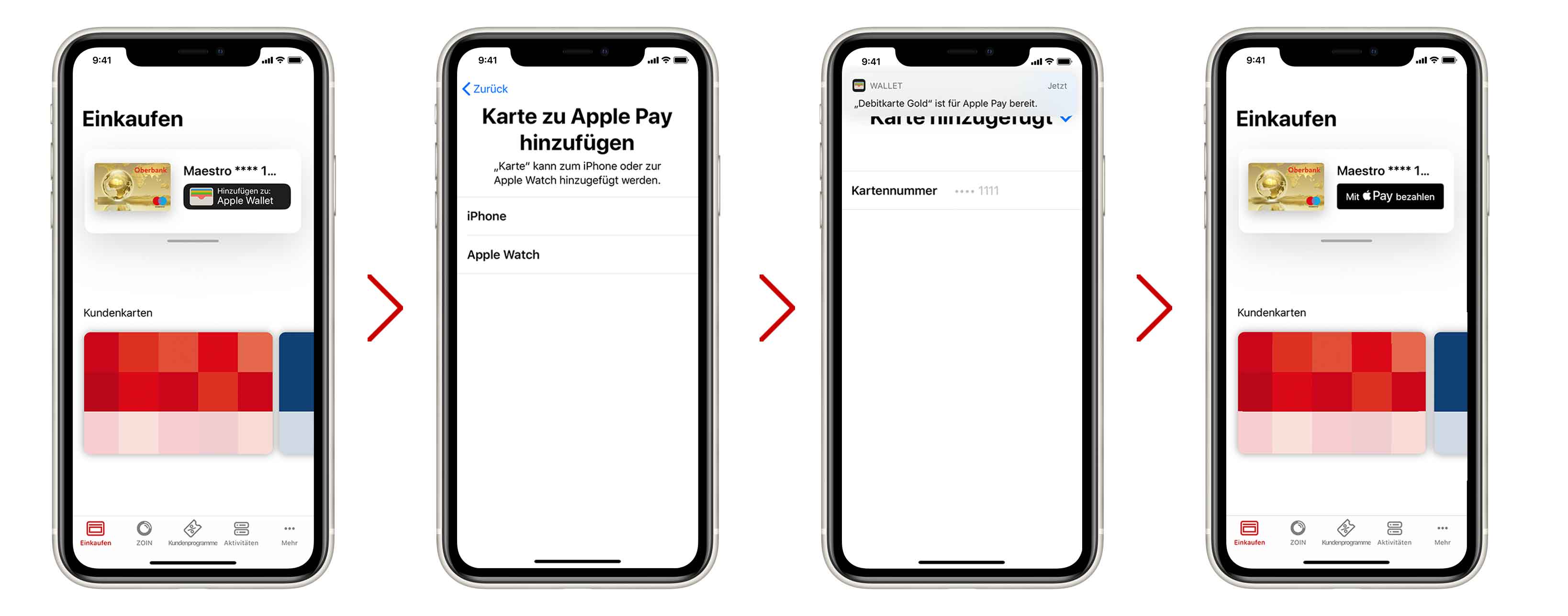 Screenshots Aktivierung der Karte mit Hilfe der Oberbank Wallet App